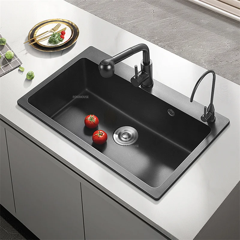 Модерна купа за кухненски мивки от черни гранитни камъни, Предмети от бита, Кухненска мивка с аксесоари за източване3