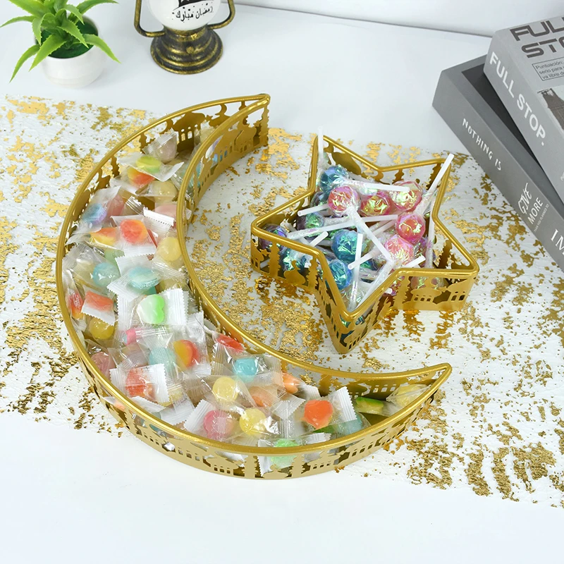 Украса за Рамадан 2023 Луната Звезда на Златен Поднос За Хранене Ейд Мубарак Десерт Торта Поставка За Закуски Притежател на Домашен интериор Украса за Рамадан 20233
