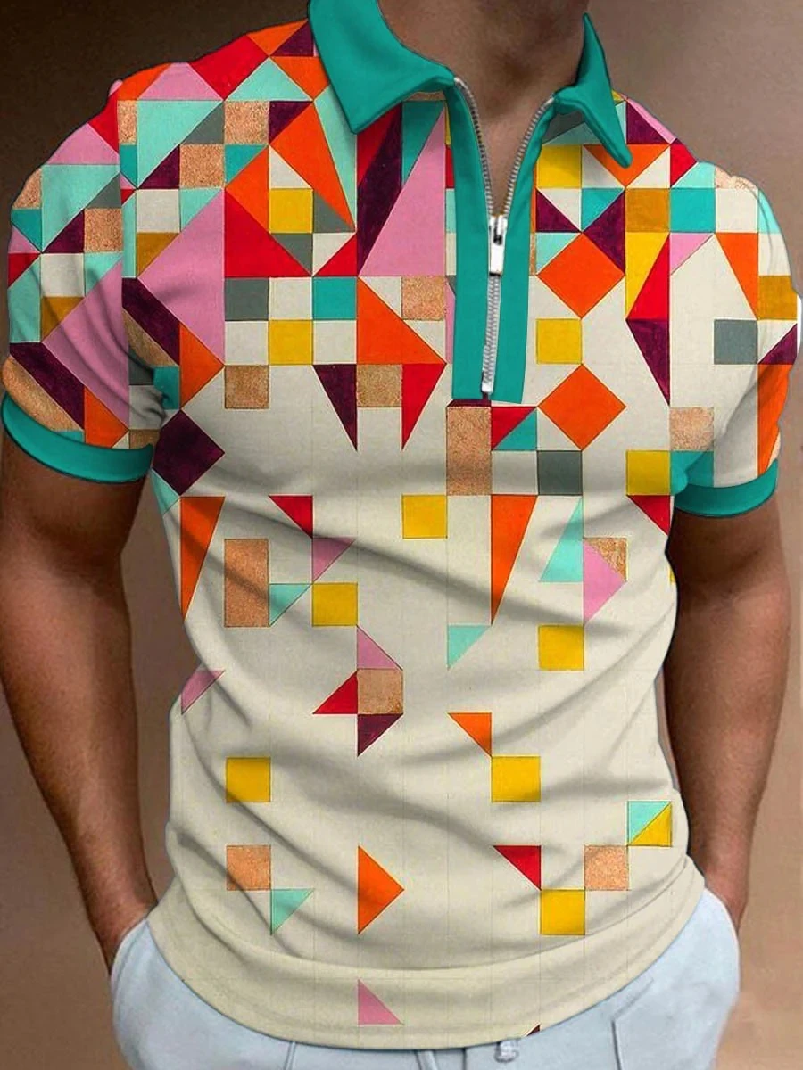 Мъжка риза с къси ръкави с геометричен градиентным художествен принтом, риза с къси ръкави с цип с 3D принтом0