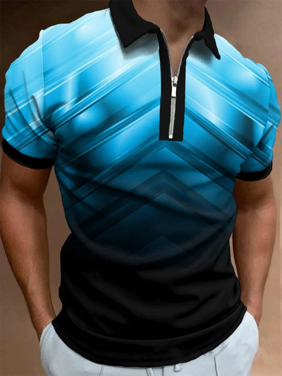 Мъжка риза с къси ръкави с геометричен градиентным художествен принтом, риза с къси ръкави с цип с 3D принтом2