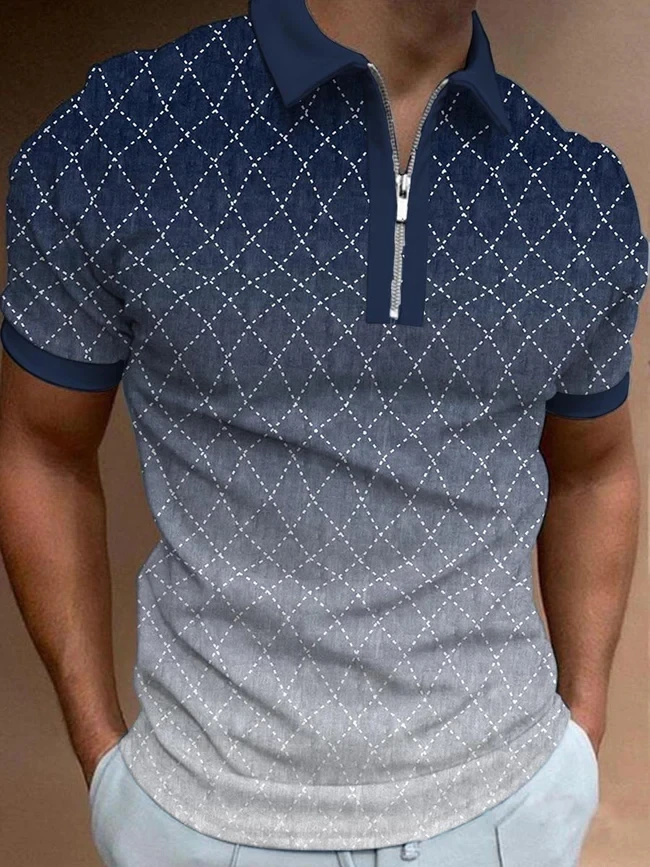 Мъжка риза с къси ръкави с геометричен градиентным художествен принтом, риза с къси ръкави с цип с 3D принтом3
