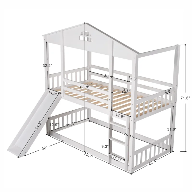 Двуетажно легло Twin Over Twin House с разтегателен пързалка и стълбище \ Преобразува в 2 Отделни легла-платформа \ White Бял4