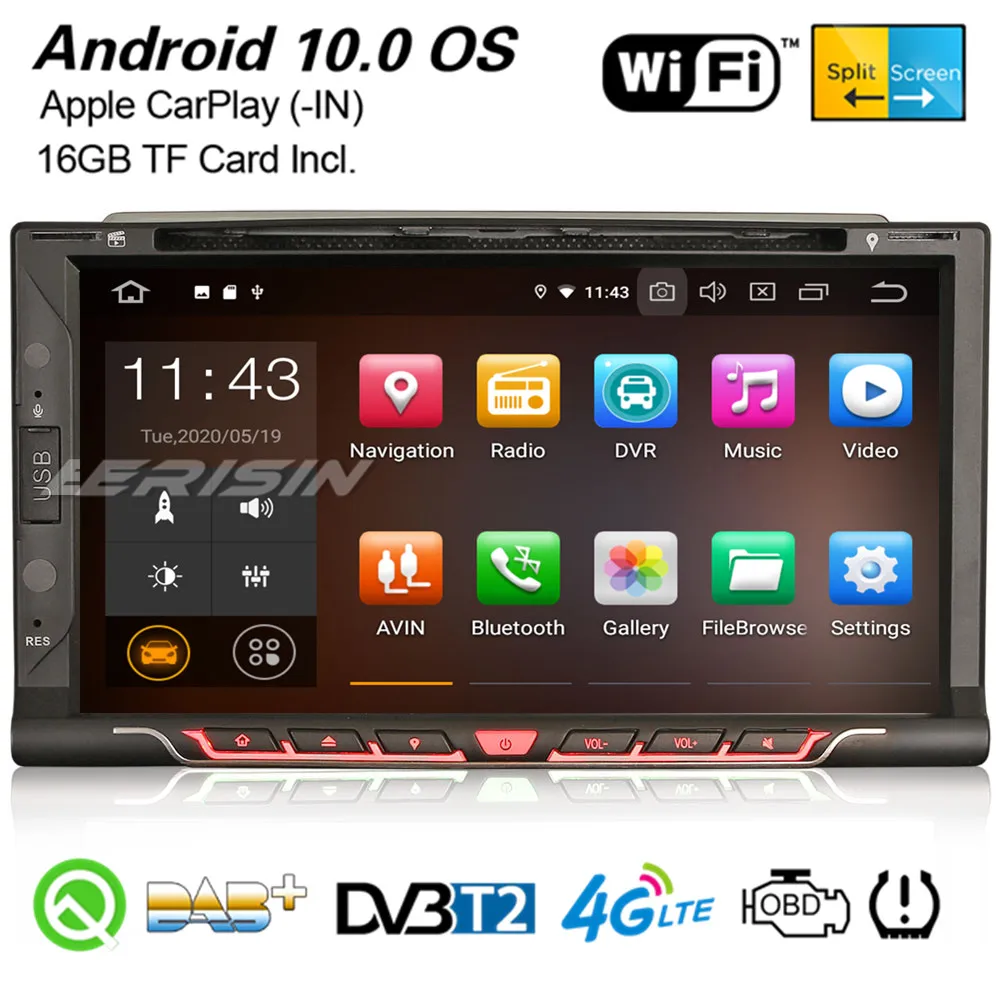 Erisin 5137 Android 10,0 Универсален Автомобилен Стерео CarPlay GPS, WiFi, Bluetooth ГУМИТЕ DVB-T2 DAB + Радио OBD2 DVR USB SD 2Din CD / DVD Navi0
