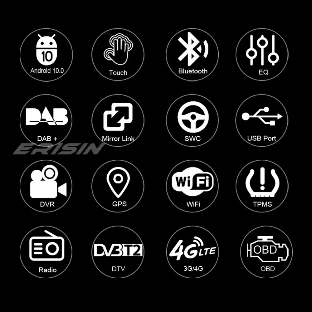 Erisin 5137 Android 10,0 Универсален Автомобилен Стерео CarPlay GPS, WiFi, Bluetooth ГУМИТЕ DVB-T2 DAB + Радио OBD2 DVR USB SD 2Din CD / DVD Navi1