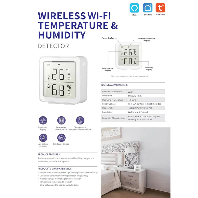 Sasha Smart WIFI Сензор за температура и влажност на въздуха, Детектор за, Монитор, Влагомер за стая, термометър с LCD дисплей Алекса Google5