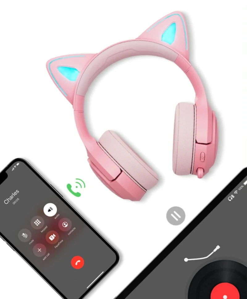 XIBERIA M17 Розови Сладки Котешки Уши Детска Киберспортивная Слушалки RGB Light Трехрежимные Безжични Bluetooth Слушалки за Момичета4