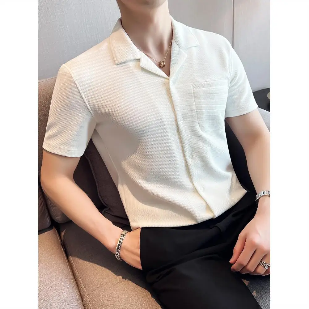 Модни нови мъжки ризи поло с къс ръкав, однотонная лятна градинска дрехи, ежедневни модерни мъжки блузи от коприна лед, класически ризи магистрала a672