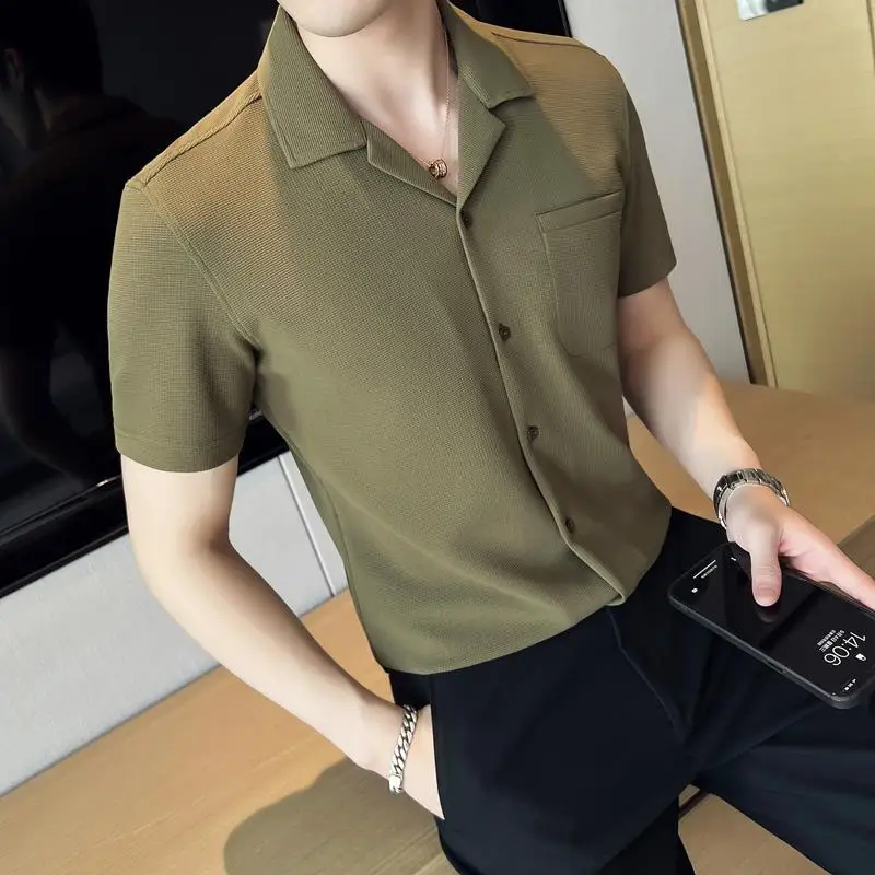 Модни нови мъжки ризи поло с къс ръкав, однотонная лятна градинска дрехи, ежедневни модерни мъжки блузи от коприна лед, класически ризи магистрала a673