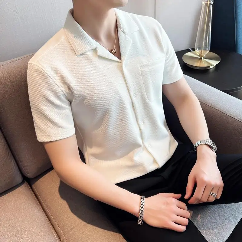 Модни нови мъжки ризи поло с къс ръкав, однотонная лятна градинска дрехи, ежедневни модерни мъжки блузи от коприна лед, класически ризи магистрала a674