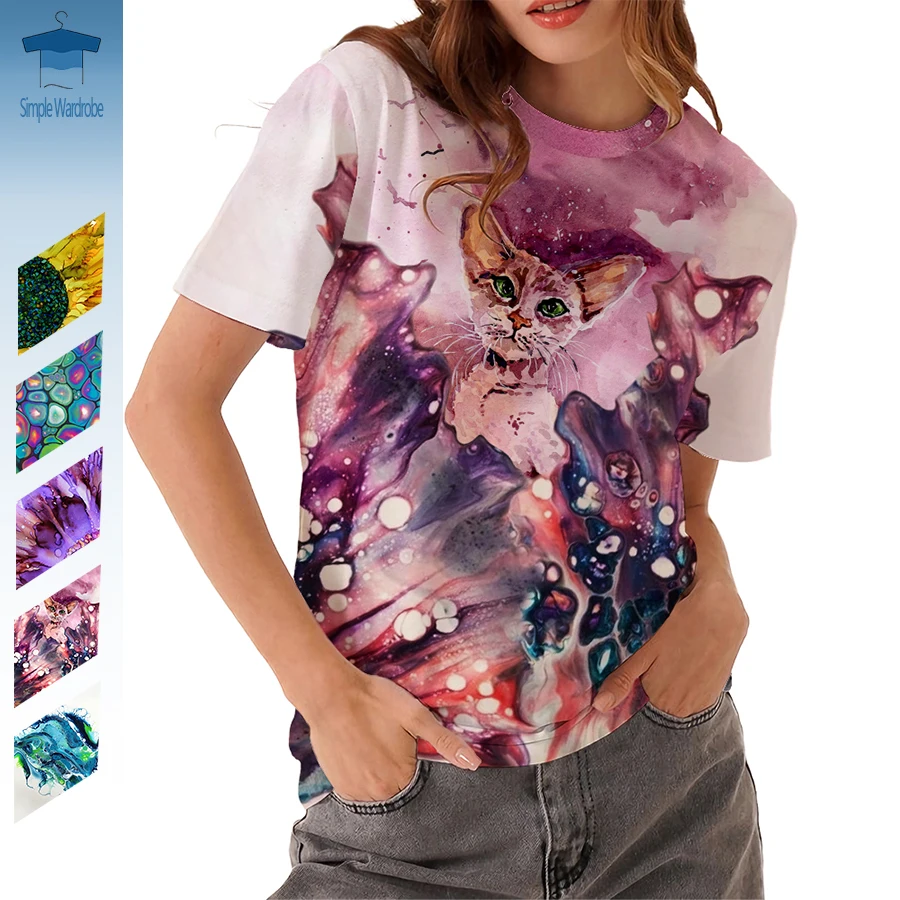 Тениски с 3D принтом, цветни течна рисувани, свободна женска тениска с къс ръкав, забавна лятна модна тениска с изображение на котка0