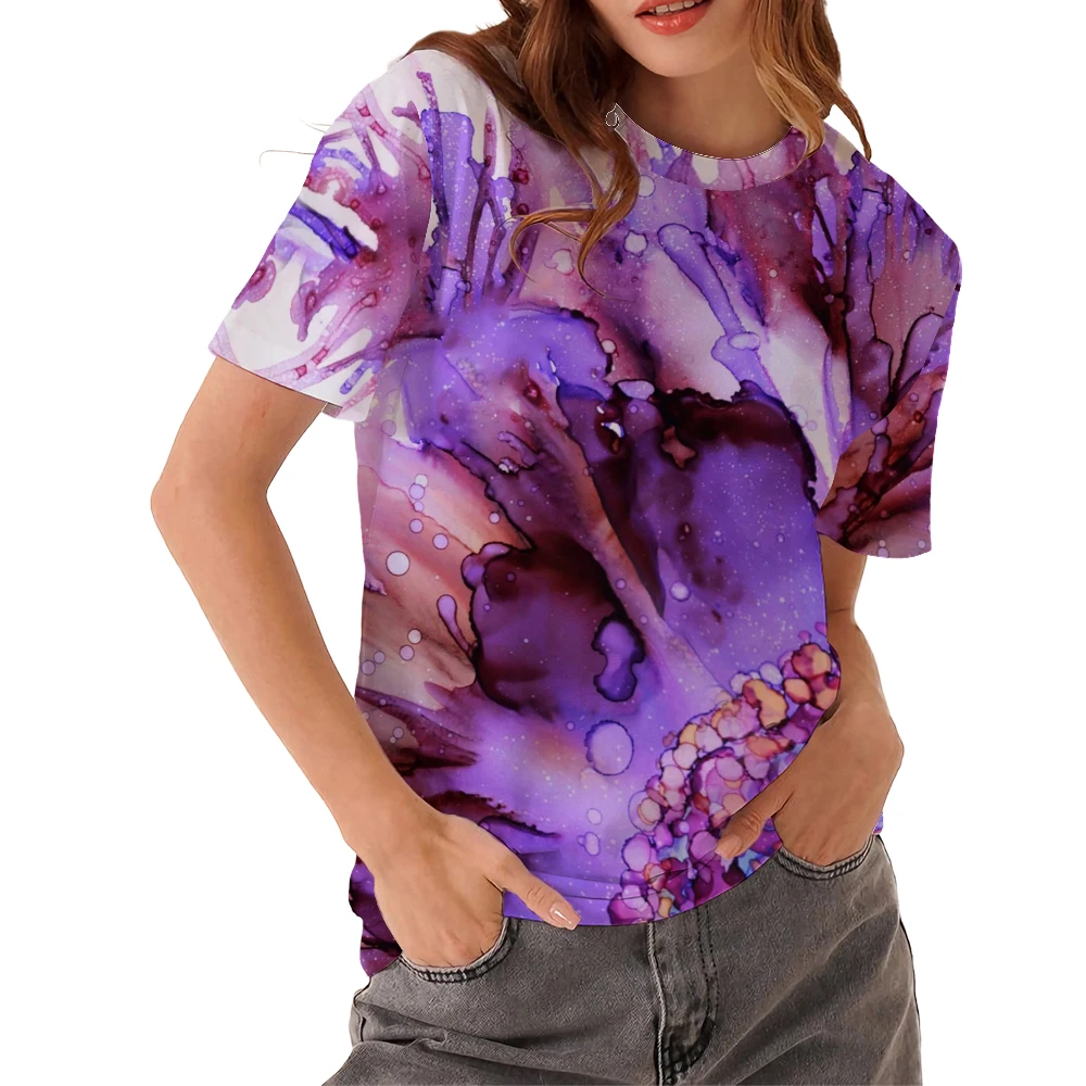 Тениски с 3D принтом, цветни течна рисувани, свободна женска тениска с къс ръкав, забавна лятна модна тениска с изображение на котка1