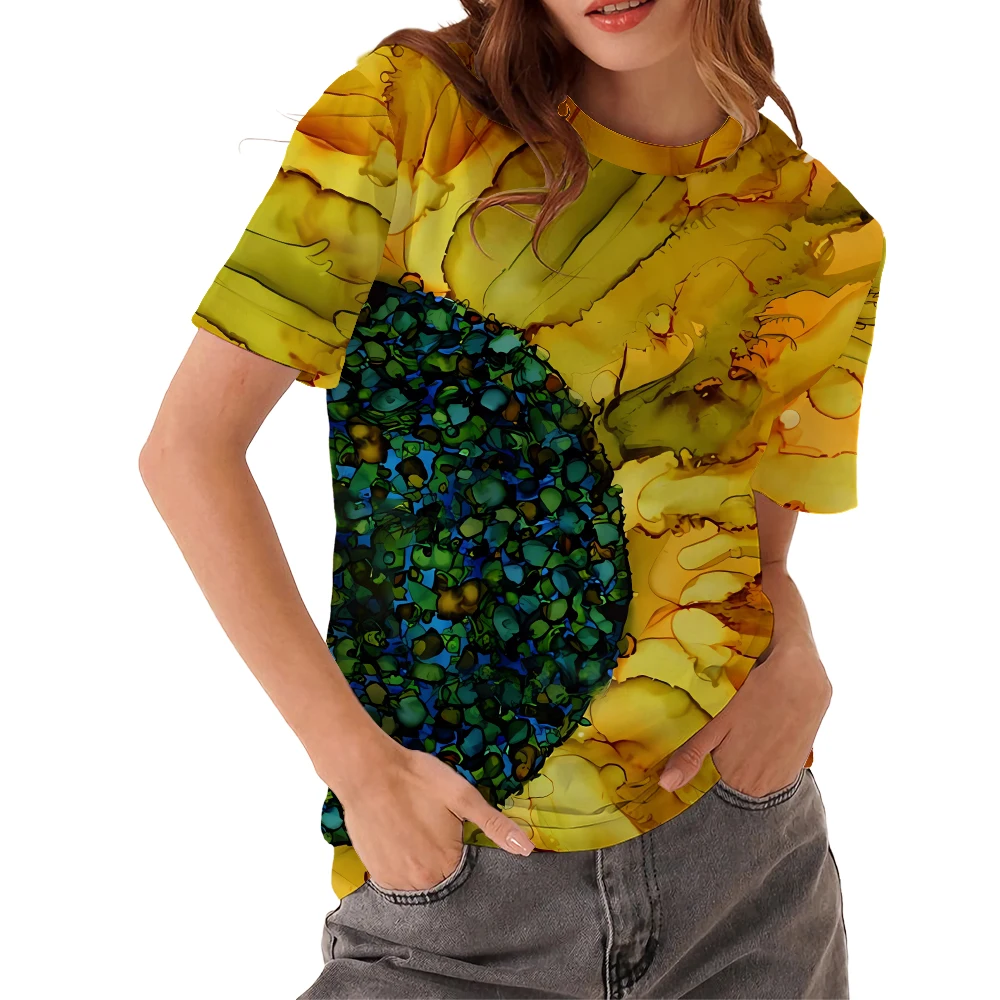 Тениски с 3D принтом, цветни течна рисувани, свободна женска тениска с къс ръкав, забавна лятна модна тениска с изображение на котка2