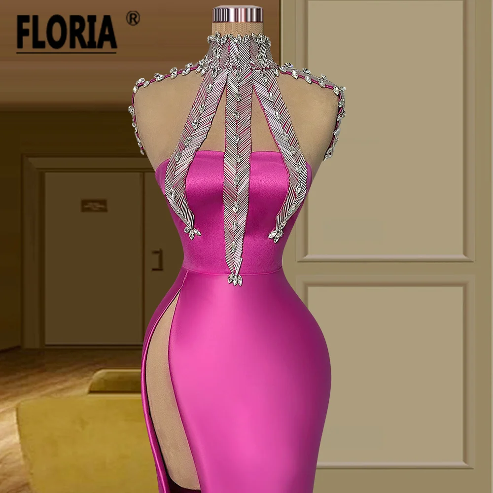 Елегантна розова дълга рокля за коктейл от прозрачни кристални мъниста, сатенени рокли за абитуриентски бал с висока цепка, ушити по поръчка, големи размери, празнична рокля за тялото1