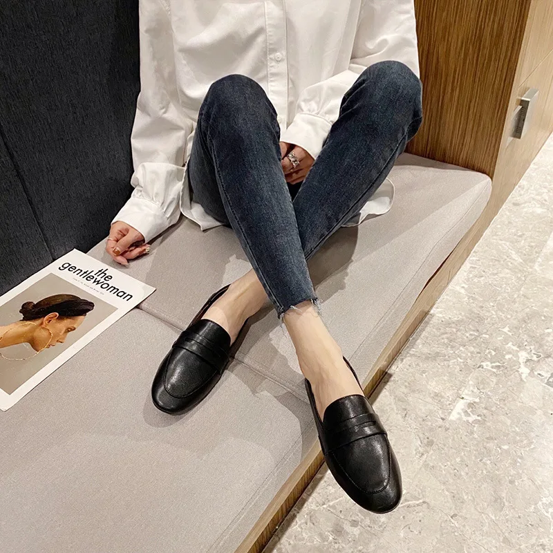 Корейски дизайнерски мокасини от мека кожа, дамски обувки на плоска подметка от телешка кожа, черни/бели espadrilles от естествена кожа, дамски ежедневни лоферы2