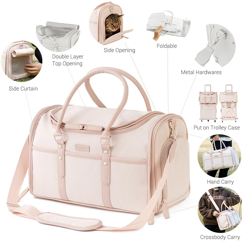 Луксозна чанта-переноска за малки кучета телесно-розов цвят, преносима чанта за кучета, дишаща, защищающая от надраскване Oxofrd, сгъваема чанта-тоут за домашни любимци3