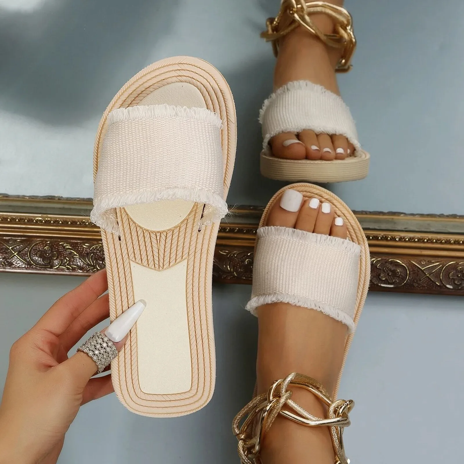 Дамски обикновена плажни чехли на равна подметка, ежедневни летни модни сандали на равна подметка с отворени пръсти, плажни чехли zapatillas1