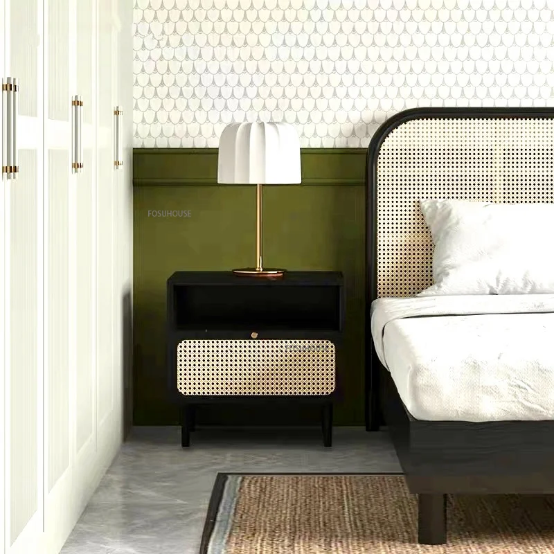 Скандинавска дървено шкафче за спалня Мебели от ратан минималистичен творчески нощното шкафче, удобно за съхранение на ретро нощни Кабинет0