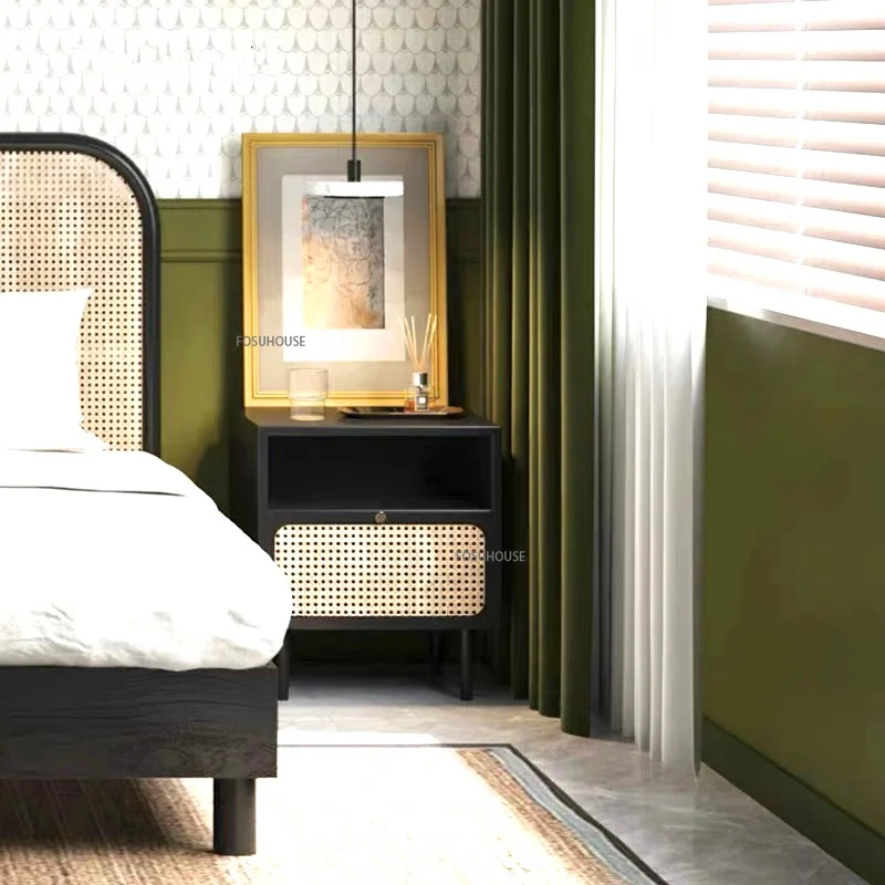 Скандинавска дървено шкафче за спалня Мебели от ратан минималистичен творчески нощното шкафче, удобно за съхранение на ретро нощни Кабинет3