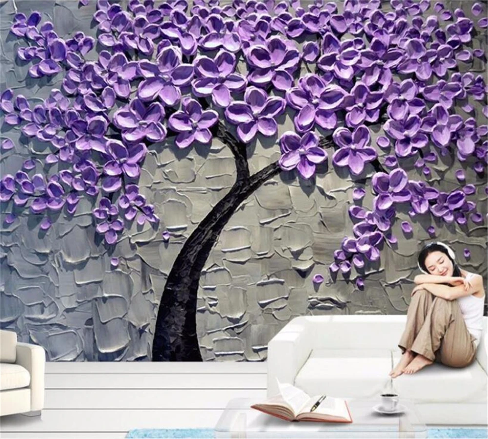 beibehang Тапети по поръчка, 3D стенопис, красива лилава дърво богатство, маслени бои, модерен триизмерен статуи фон0
