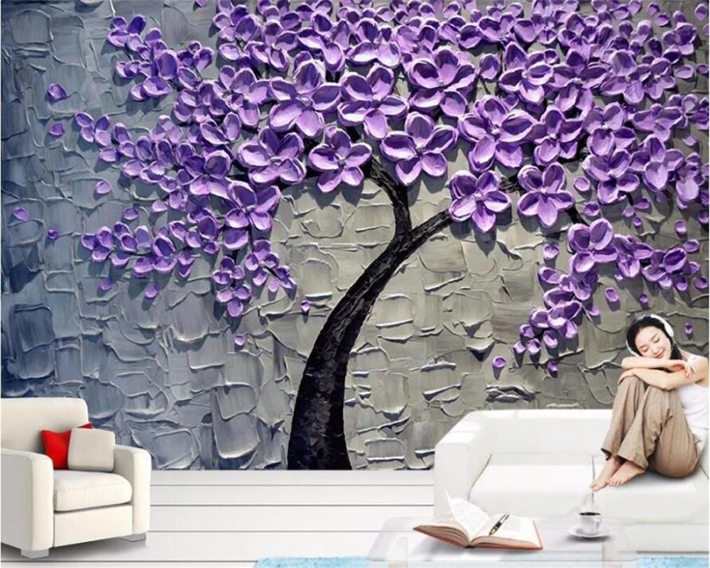 beibehang Тапети по поръчка, 3D стенопис, красива лилава дърво богатство, маслени бои, модерен триизмерен статуи фон1