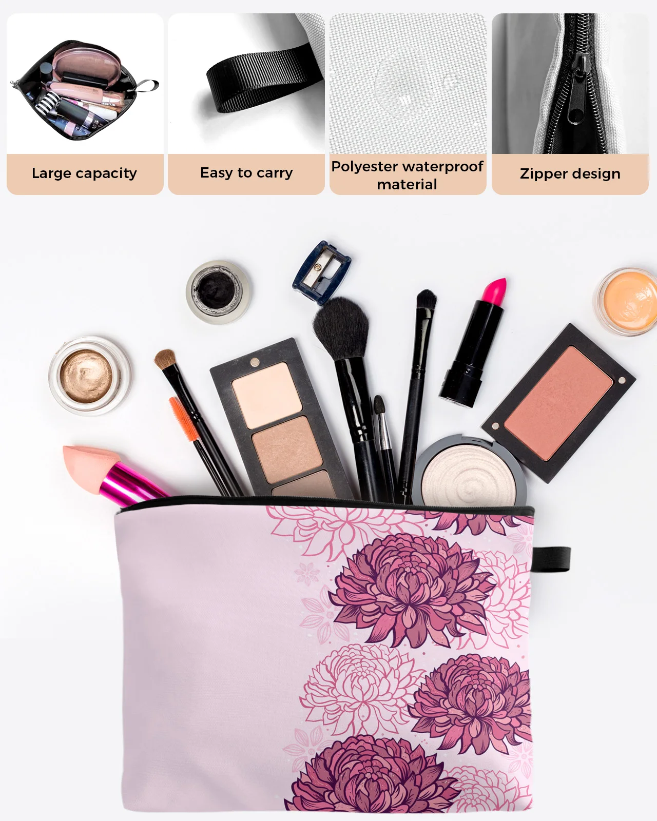 Текстура розова хризантема, по-голямата голям пътна косметичка, Преносима чанта за съхранение на грим, женски водоустойчив молив случай1