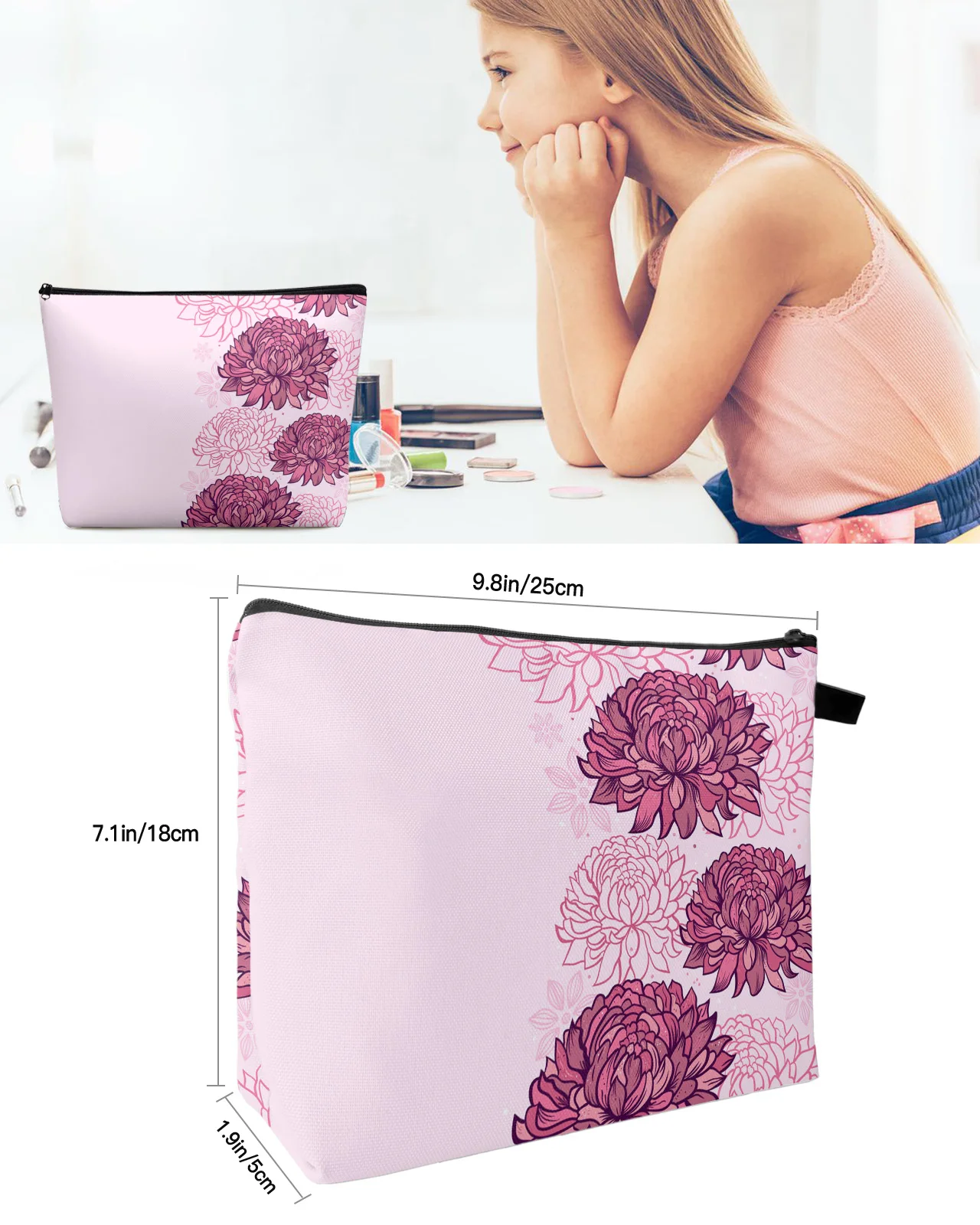 Текстура розова хризантема, по-голямата голям пътна косметичка, Преносима чанта за съхранение на грим, женски водоустойчив молив случай2