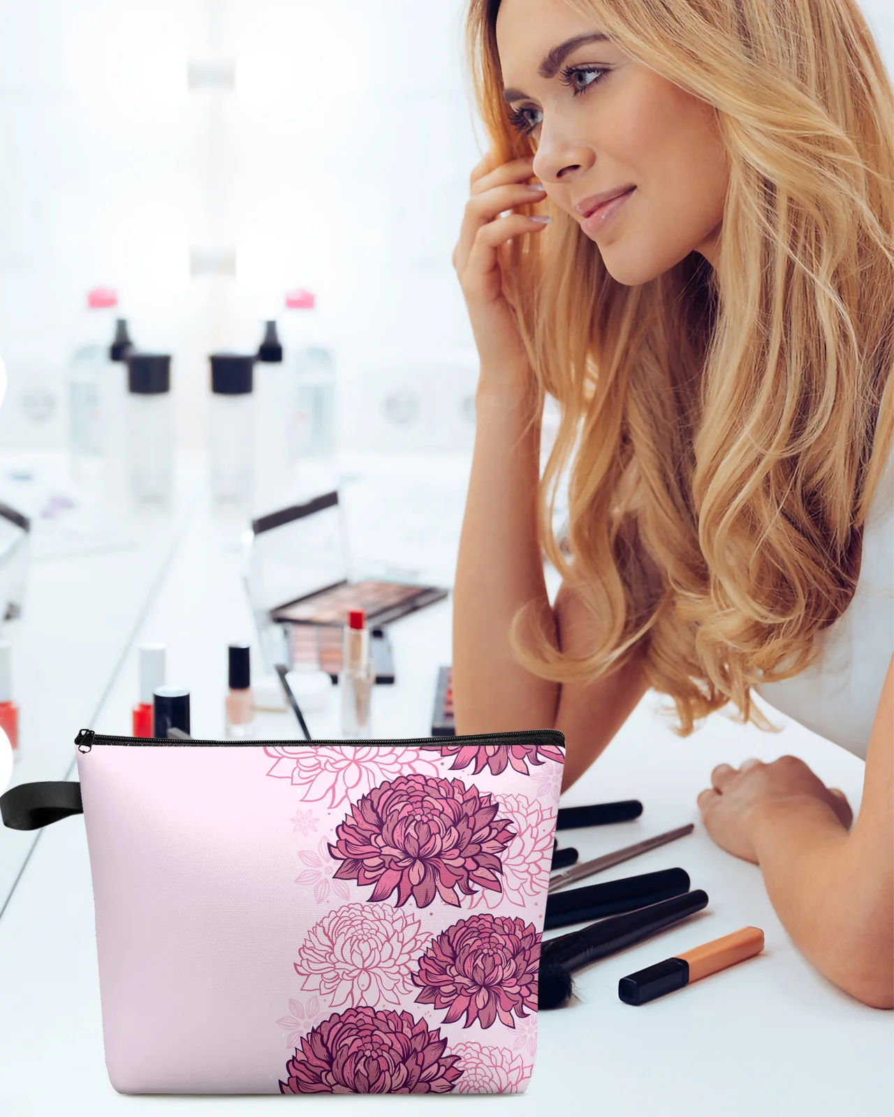 Текстура розова хризантема, по-голямата голям пътна косметичка, Преносима чанта за съхранение на грим, женски водоустойчив молив случай4