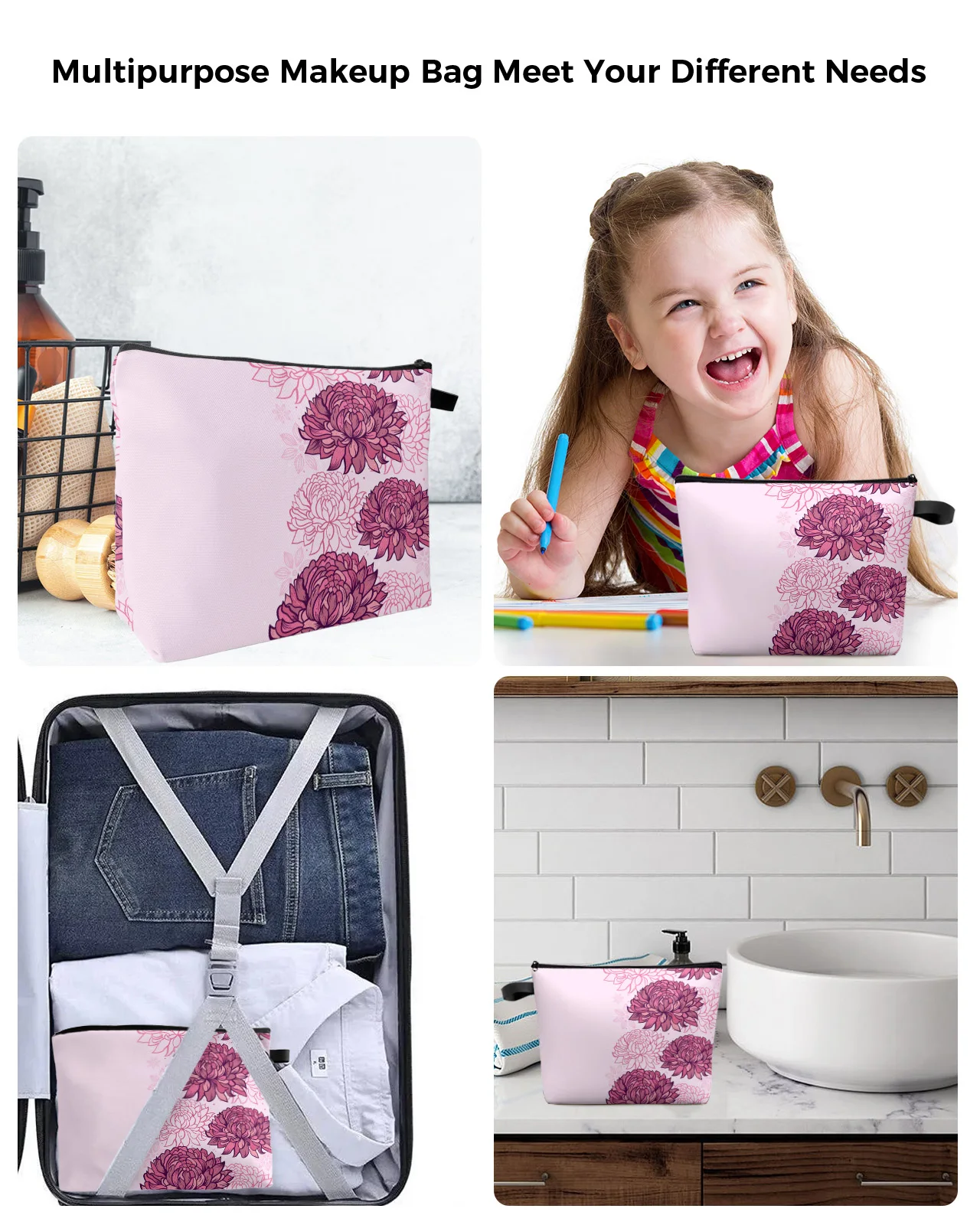 Текстура розова хризантема, по-голямата голям пътна косметичка, Преносима чанта за съхранение на грим, женски водоустойчив молив случай5