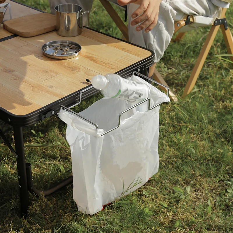 Държач на торбата за боклук за къмпинг и пикник на открито от неръждаема стомана, Висящи Рафтове за съхранение на битови отпадъци, Поставка за външно инструмент4