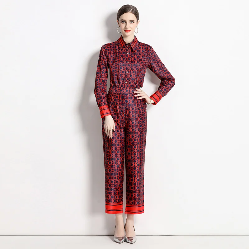 Висококачествени пролетно-есенните модни комплекти панталони за подиум, Женски свободни ризи с дълъг ръкав + Червени Костюми с дълги панталони с писмото принтом M98730