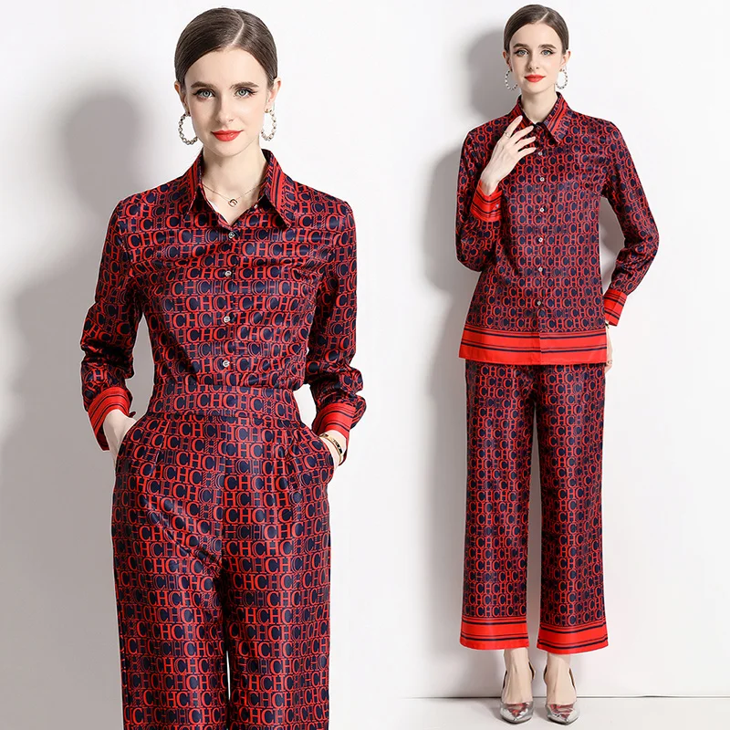 Висококачествени пролетно-есенните модни комплекти панталони за подиум, Женски свободни ризи с дълъг ръкав + Червени Костюми с дълги панталони с писмото принтом M98731
