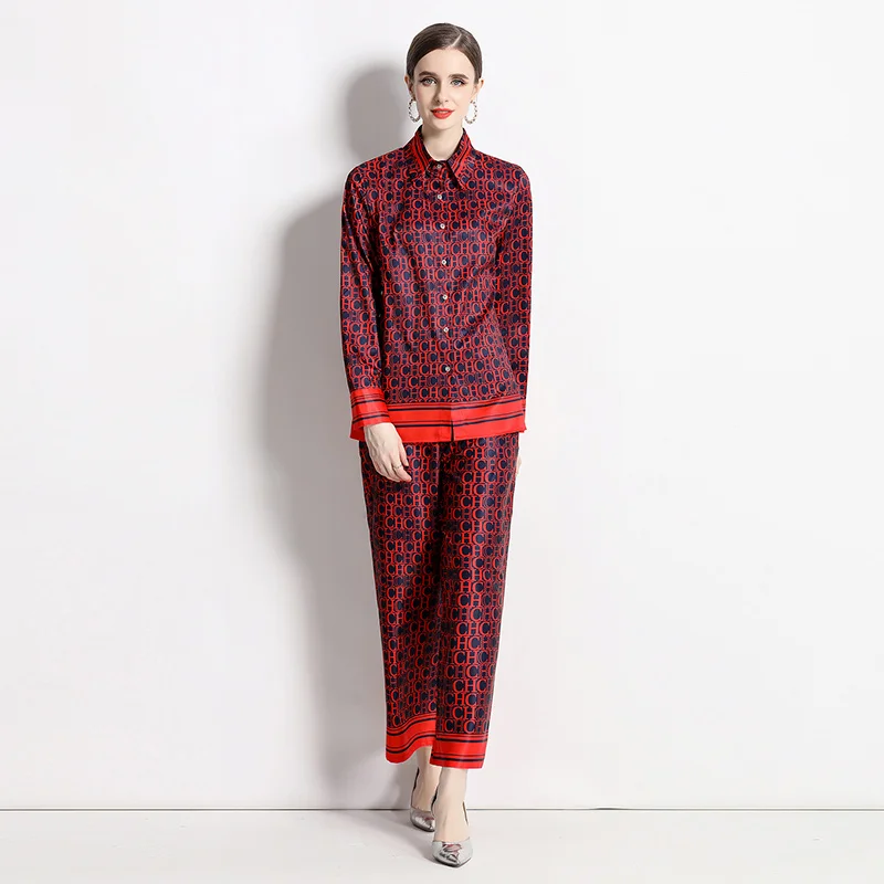 Висококачествени пролетно-есенните модни комплекти панталони за подиум, Женски свободни ризи с дълъг ръкав + Червени Костюми с дълги панталони с писмото принтом M98732