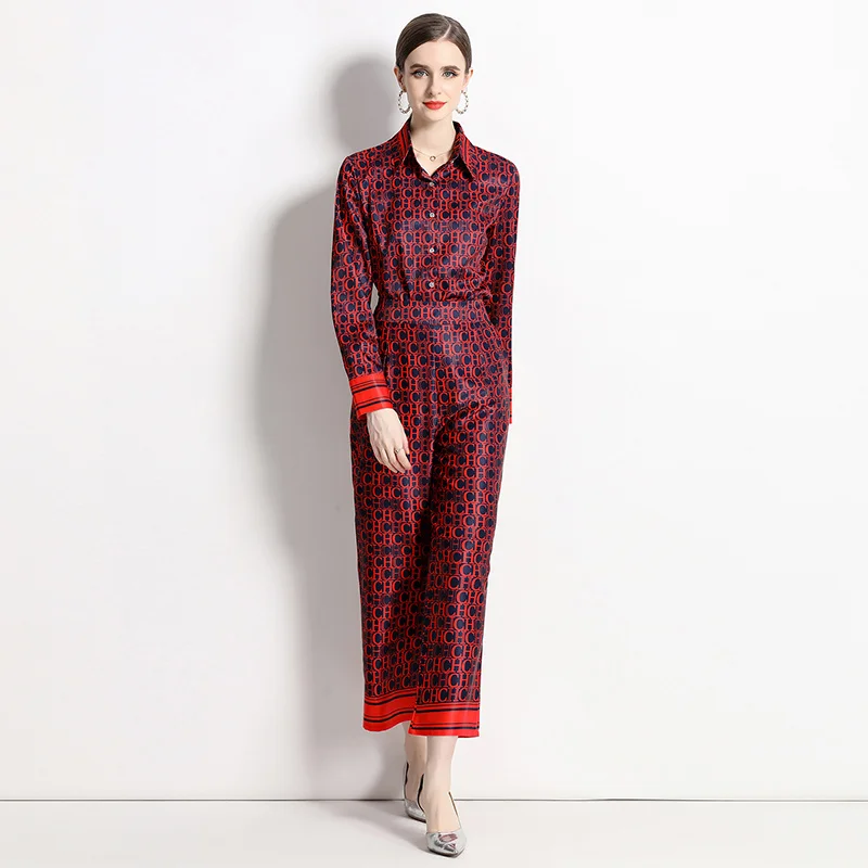 Висококачествени пролетно-есенните модни комплекти панталони за подиум, Женски свободни ризи с дълъг ръкав + Червени Костюми с дълги панталони с писмото принтом M98733