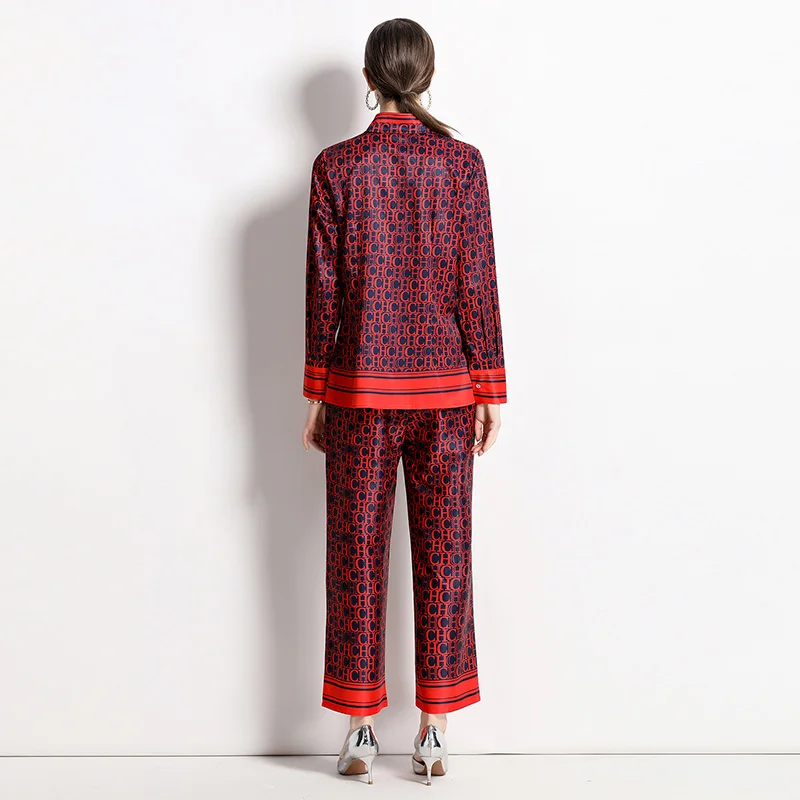 Висококачествени пролетно-есенните модни комплекти панталони за подиум, Женски свободни ризи с дълъг ръкав + Червени Костюми с дълги панталони с писмото принтом M98734
