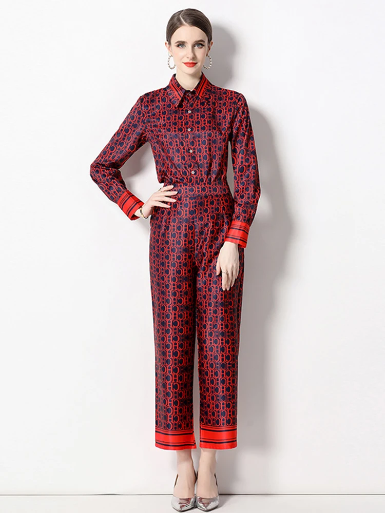 Висококачествени пролетно-есенните модни комплекти панталони за подиум, Женски свободни ризи с дълъг ръкав + Червени Костюми с дълги панталони с писмото принтом M98735