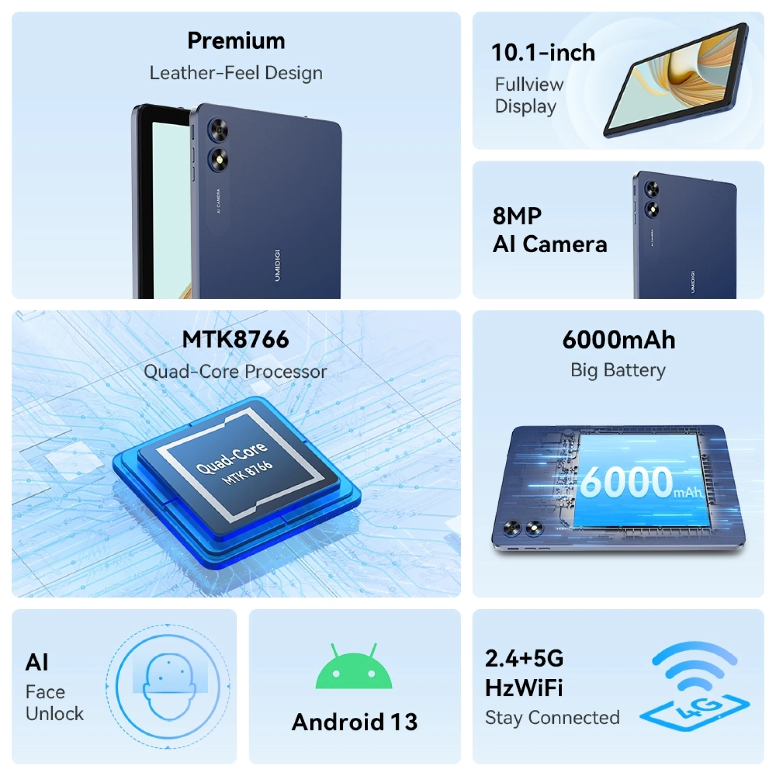 UMIDIGI G3 Tab 4G Таблет с 10,1-инчов 6000 mah 3 GB + 32 GB Android 13 MediaTek MT8766 Четириядрен Поддръжка на БТ, WiFi, TF карта и GPS1