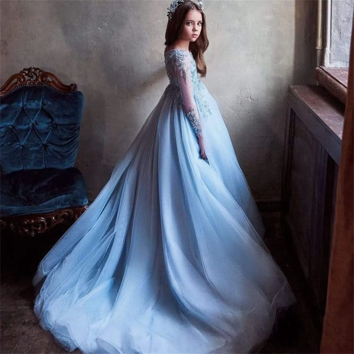 Елегантна синя рокля с дълги ръкави и цветя модел за момичета на сватба, илюзия принцеса, тюлевые апликации, елегантни рокли за първо причастие2