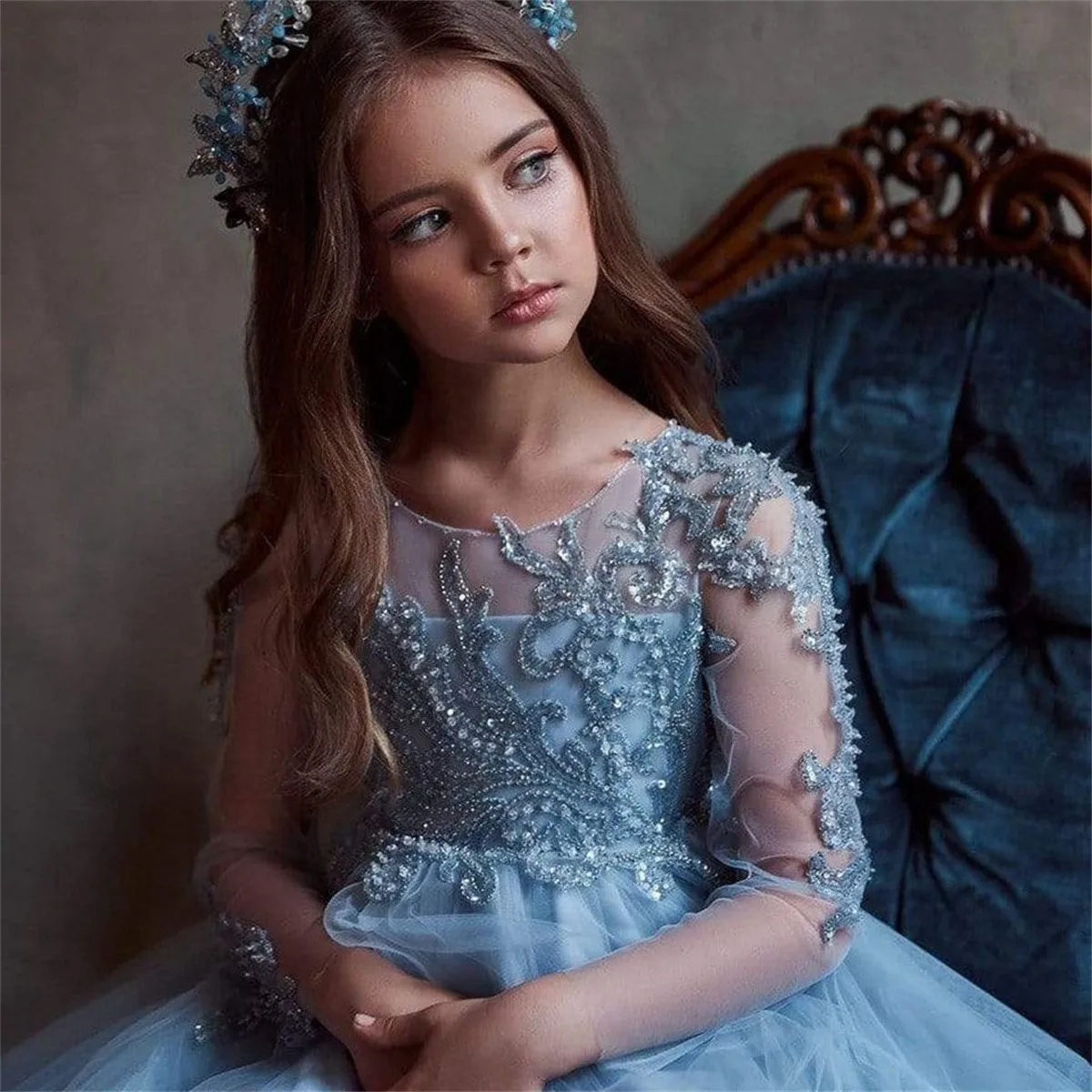 Елегантна синя рокля с дълги ръкави и цветя модел за момичета на сватба, илюзия принцеса, тюлевые апликации, елегантни рокли за първо причастие3