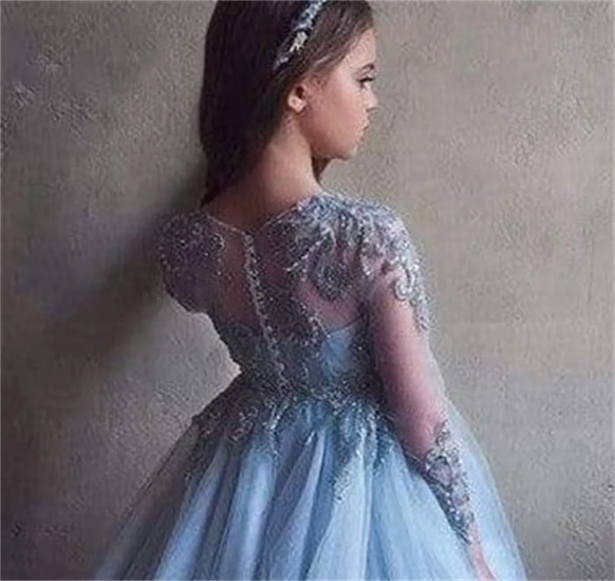 Елегантна синя рокля с дълги ръкави и цветя модел за момичета на сватба, илюзия принцеса, тюлевые апликации, елегантни рокли за първо причастие4