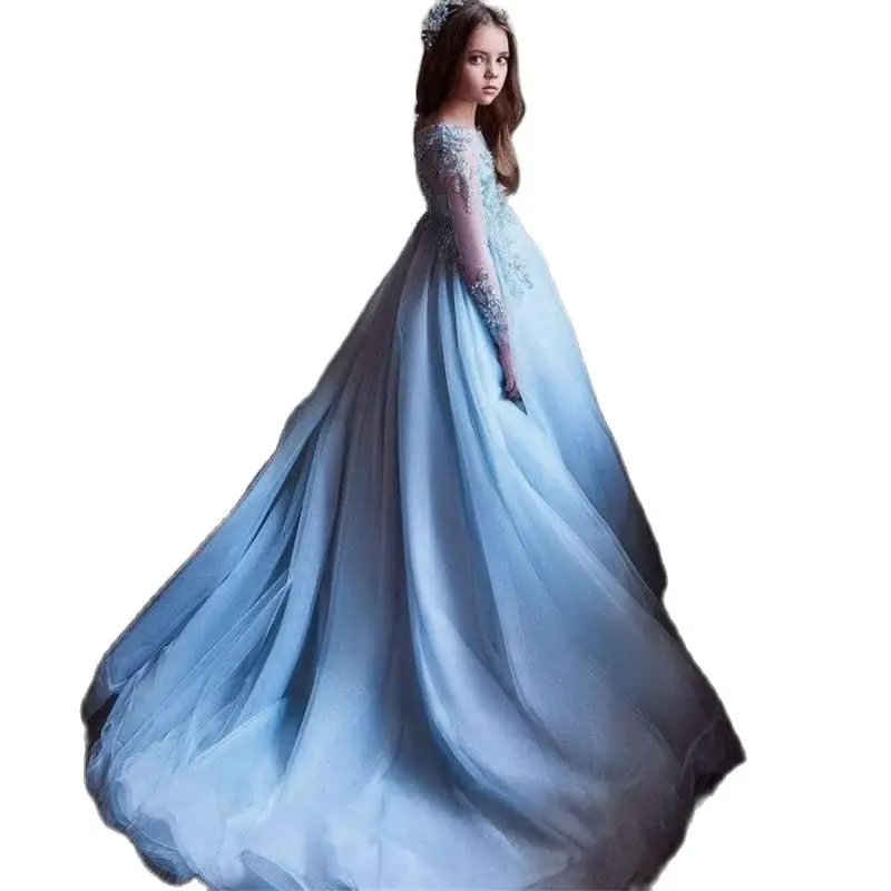 Елегантна синя рокля с дълги ръкави и цветя модел за момичета на сватба, илюзия принцеса, тюлевые апликации, елегантни рокли за първо причастие5