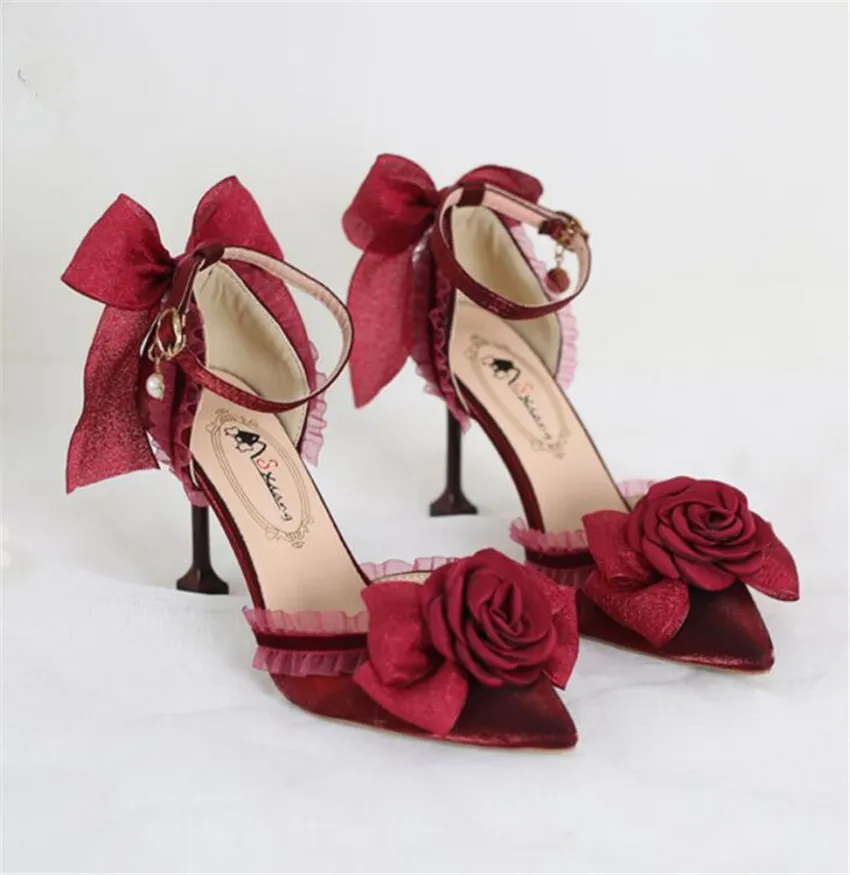петата на 5 см 8 см, дантелени сватбени обувки в стил Лолита с лък и цветя модел, женствена рокля на принцеса на висок ток с граница B23841