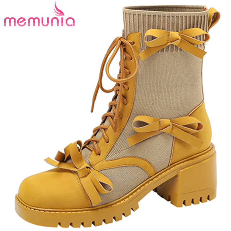 MEMUNIA/2023, размери 34-41, нови обувки на дебел висок ток с пеперуда и възел, женски ботильоны от естествена кожа, дантела0