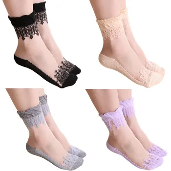 1 Чифт пролетно-лятната женски ултра тънки дантелен копринени чорапи с бродерия от прозрачно Стъкло Crytal Stretch Женски меки еластични чорапи дишащи