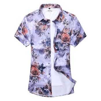 10 Различни Блузи с къс ръкав и принтом, Мъжки Однобортная Стрейчевая риза С Ревери, Лятна Нова Мъжка Риза С Рози Camisa