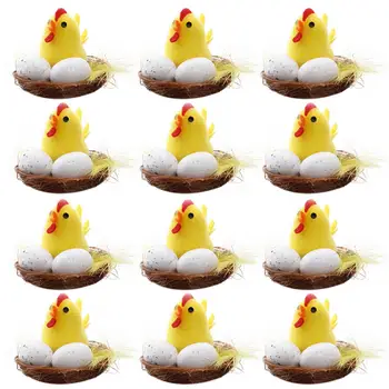 12 бр. Мини фигурки пилета, на модела фигурки Великденски декоративни пилета за декор на работния плот