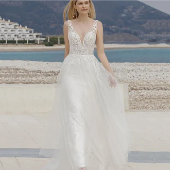 2023, блестящи плажни сватбени рокли в стил бохо, луксозна рокля на булката от тюл с дантела аппликацией без облегалка, Трапециевидный халат De Mariée
