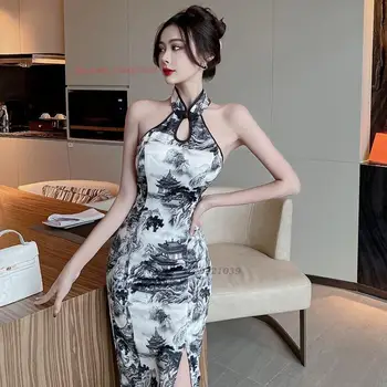 2023 китайското сексуално ципао с висока цепка, без ръкави, с принтом чонсам, традиционната рокля ципао, секси вечерна рокля за нощен клуб, vestido