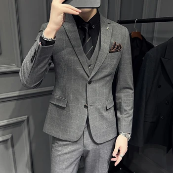 2023 Мъж (блейзър + жилетка + панталони) Италиански стил, модерен бизнес ежедневие тънък каре, джентълменско бизнес работно официален комплект от 3 теми
