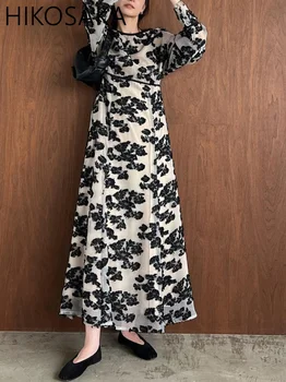 2023, Пролетта ново японско създава Елегантна женствена рокля, Ретро цветя флокированный тънък халат с дълъг ръкав рокля с трапецовидна форма, с кръгло деколте, Vestidos