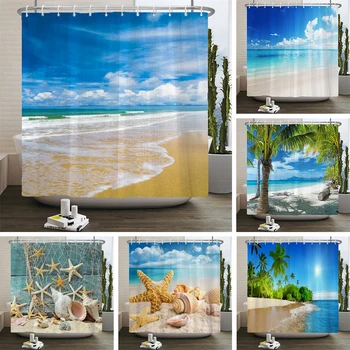 3d плажни пейзажи, завеси за душ, Море, Океан, Средиземно море, завеса за баня, водоустойчив плат, декорация на 180*240 см, завеса за баня